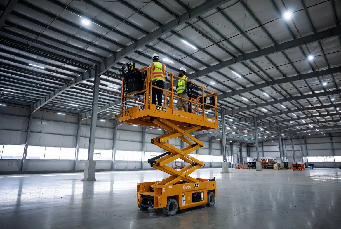 Electric scissor lift 12m for rent in Riyadh for large warehouses