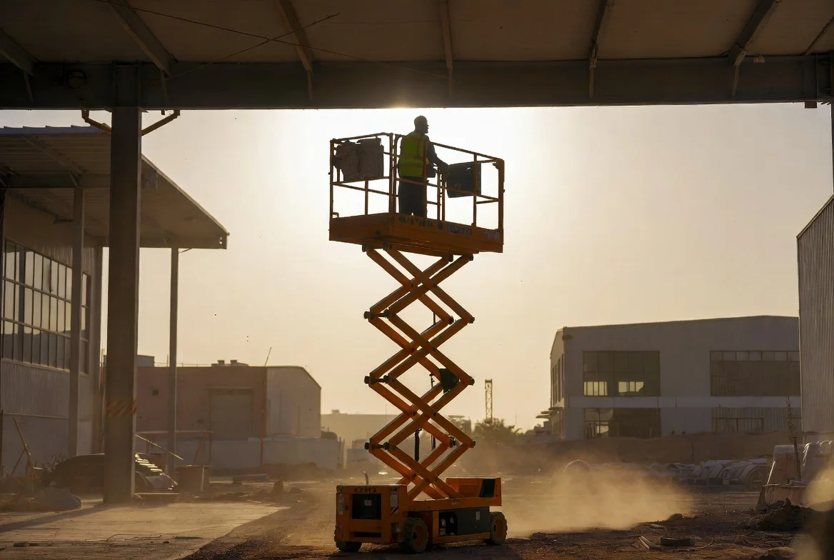 Diesel scissor lift 14m at outdoor site in Riyadh Dammam Road